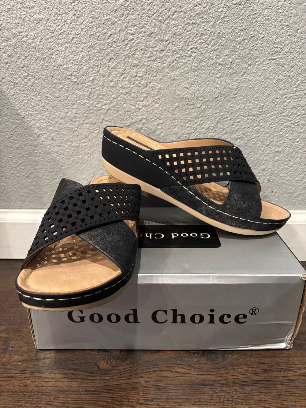 Good Choice Black Cross-Strap Perforated Wedge Sandals